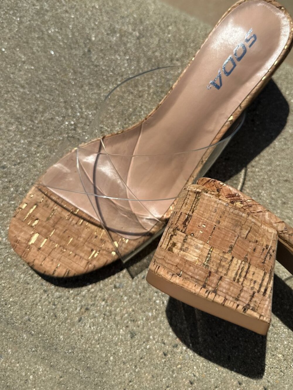 NEW🔥 Transparent Clear Open Toe Cork Low Block Heel Mules Sandals Slip Slide On - Picture 5 of 5
